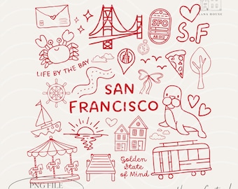 May include: Red and white hand-drawn illustrations of San Francisco landmarks and symbols, including the Golden Gate Bridge, cable cars, a sea lion, a lighthouse, a crab, a pizza slice, and the text "Life by the Bay" and "San Francisco".