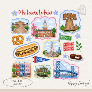 Könnte beinhalten: Ein digitaler Stickerbogen mit Wahrzeichen und Symbolen von Philadelphia, darunter die Liberty Bell, die Independence Hall, ein Cheesesteak, eine Brezel, eine Straßenbahn, die Ben Franklin Bridge sowie Straßenschilder mit Broad St und City of Brotherly Love.