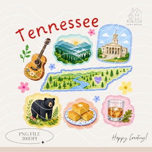 May include: A digital illustration set featuring the word Tennessee, an acoustic guitar with floral accents, a mountain landscape, a state capitol building, a map of Tennessee, a black bear, cornbread, and a glass of whiskey with ice cubes.