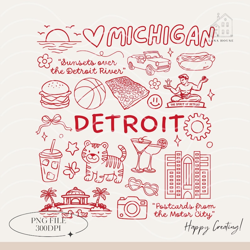 Detroit Icons, Michigan Landmarks Png, I Love Detroit Shirt Design ...