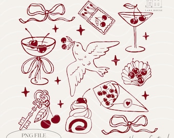 Cherry Coquette PNG, Girlhood Png, Trendy Girly Png, Cute Coquette Png, Vintage Cocktail Png, Cute Red Line Art, Digital Download