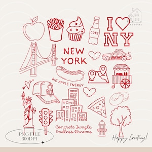 New York City Icons, NYC Landmarks Png, PNG Files, I Love NY Shirt Design, Big Apple Doodle png, Retro png, Digital Download
