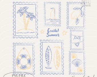 May include: A collection of blue and yellow coastal summer themed illustrations in a stamp design. The illustrations include palm trees, a sailboat, a lemon, a life preserver, fish, seashells, and a bikini. Text includes "Coastal Summer" and "Happy Creating!"