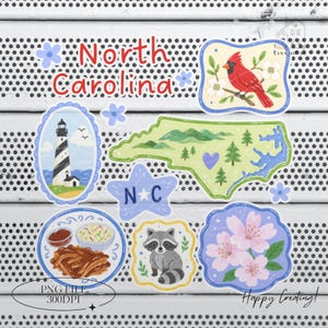 May include: A digital sticker sheet featuring North Carolina themed illustrations including a red cardinal, a lighthouse, a map of the state with mountains and trees, a star with NC text, a plate of barbecue, a raccoon, and cherry blossoms.