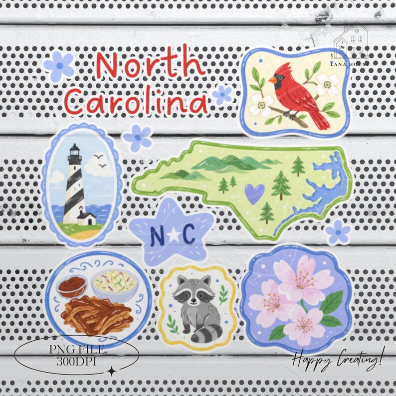 May include: A digital sticker sheet featuring North Carolina themed illustrations including a red cardinal, a lighthouse, a map of the state with mountains and trees, a star with NC text, a plate of barbecue, a raccoon, and cherry blossoms.