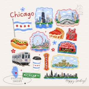 Puede incluir: Una colección de ilustraciones coloridas con temática de Chicago, que incluyen la bandera de Chicago, el horizonte, un perrito caliente, una porción de pizza, una noria, una camiseta de los Bulls y Wrigley Field. La palabra "Chicago" está escrita en rojo.