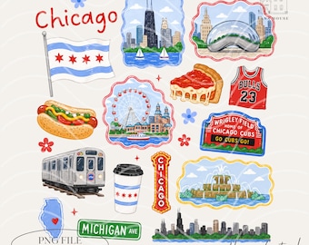 Chicago PNG |  Illinois Landmarks, Deep Dish Pizza, Wrigley Field, Cloud Gate, Digital Download