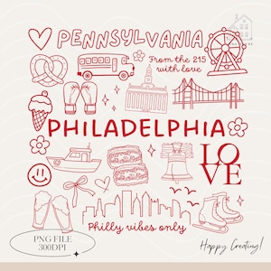 May include: Red and white illustration featuring Pennsylvania and Philadelphia landmarks. Includes a heart, pretzel, bus, ice cream cone, Liberty Bell, and the text "From the 215 with love" and "Philly vibes only."