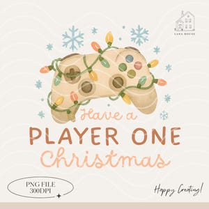 Puede incluir: Ilustración en acuarela de un mando de videojuegos decorado con luces navideñas y copos de nieve. El texto dice "Have a PLAYER ONE Christmas". La imagen tiene una paleta de colores neutros con fondo beige.