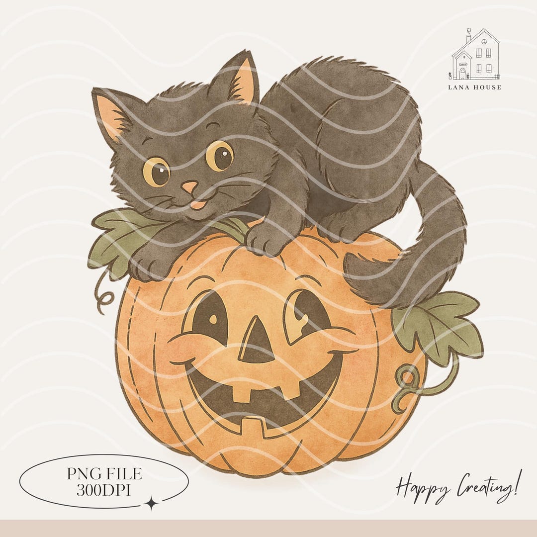 Black Cat & Pumpkin PNG L Vintage Halloween PNG, 2025 Black Cat Pumpkin ...