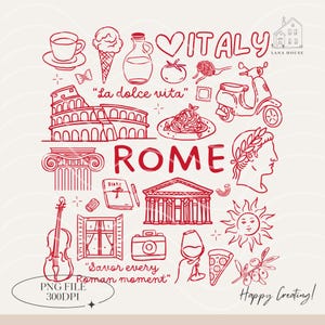 Puede incluir: Ilustración en línea roja de Italia con iconos del Coliseo, una Vespa, pasta y otros símbolos italianos. La palabra "ITALY" está en la parte superior y "ROME" en el centro. El texto incluye "La dolce vita" y "Savor every Roman moment."