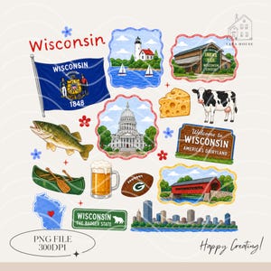 Könnte beinhalten: Ein digitales Illustrationsset mit Symbolen zum Thema Wisconsin, darunter die Staatsflagge, ein Leuchtturm, eine Käserei, ein Stück Schweizer Käse, eine Kuh, ein Fisch, ein Kanu, ein Bierkrug, ein Football, eine überdachte Brücke und eine Skyline.