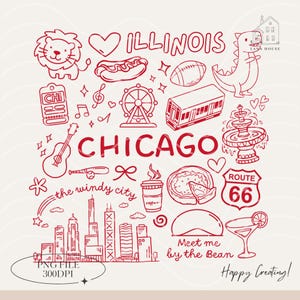 Puede incluir: Ilustración en línea roja con iconos de Chicago, incluyendo el horizonte, la noria, un perrito caliente y la señal de la Ruta 66. Las palabras "ILLINOIS" y "CHICAGO" se muestran prominentemente, junto con la frase "Meet me by the Bean".