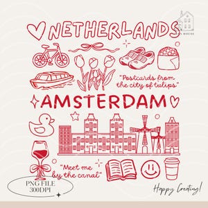 Może przedstawiać: Czerwono-biała ilustracja z napisami "Holandia" i "Amsterdam". Projekt zawiera rower, łódź, tulipany, chodaki, budynki, wiatrak i inne holenderskie ikony. Tekst: "Pocztówki z miasta tulipanów."
