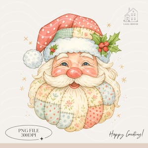 May include: Watercolor illustration of Santa Claus with a patchwork design on his hat and beard. The hat is red with white polka dots, and the beard is cream-colored. The image includes the text "Happy Creating!" and "PNG FILE 300DPI".