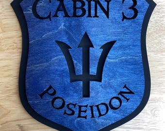 Cabin 3 Poseidon Sign: Percy Jackson Inspired Stained Wooden Shield Plaque