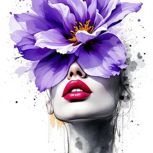 以下が含まれることがあります： 大きな紫色の花で目を覆った女性の水彩イラスト。彼女の唇は鮮やかな赤色で、アートワークは黒とグレーの水彩アクセントを特徴としています。画像は白い背景に設定されています。