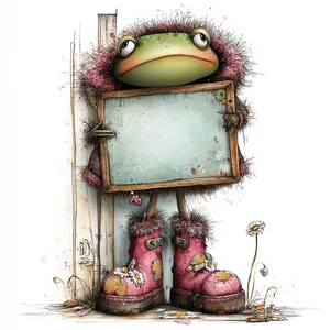 May include: A charming illustration of a frog holding a blank sign. The frog is green with a pink furry collar and is wearing pink boots decorated with daisies. The sign has a wooden frame, ready for a message.