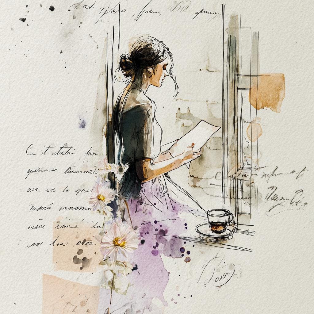 水彩画で読書をする女性のイラスト10選：ヴィンテージな窓辺の風景