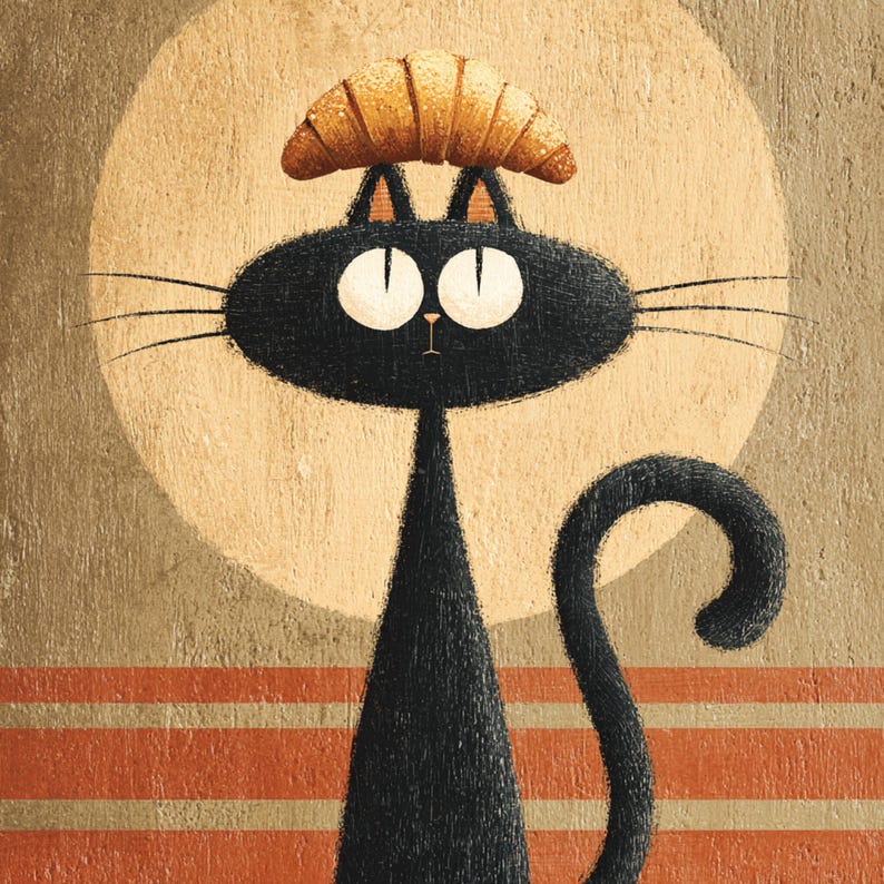 May include: A whimsical illustration of a black cat with large white eyes and a croissant on its head. The cat is set against a beige background with a large circular shape behind it and red and beige stripes at the bottom.
