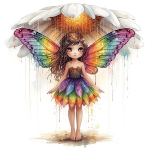 May include: A watercolor illustration of a fairy with rainbow-colored butterfly wings and a matching dress. The fairy stands beneath a large white and yellow flower, with water droplets cascading down. The fairy has brown hair and large eyes.