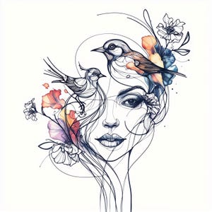 Collection artistique femme florale et oiseau, 10 fichiers JPG aquarelle haute résolution - art imprimable - journal indésirable, scrapbooking, fabrication de cartes, art mural