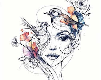 Floral Woman & Bird Watercolor Art: Printable JPGs for Scrapbooking (Digital Download)