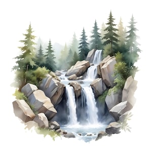 Forest Waterfall Landscape Clipart, 10 High Res Watercolor JPGs - Printable art - Junk Journaling, Scrapbooking, Card Making ,Paper Crafting
