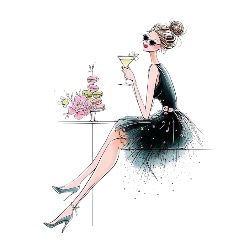 May include: Illustration of a woman in a black dress and sunglasses, holding a cocktail. A stack of macarons and flowers sits on a table beside her. The woman is wearing high heels. The image has a fashion illustration style.