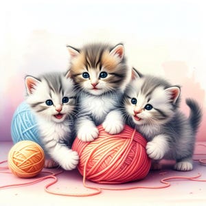 Kittens and Yarn Watercolor Clipart: High-Res JPGs (Digital Download)