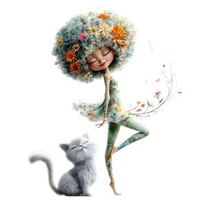 Whimsical Girl and Cat Clipart – Floral Hair Art (JPG)