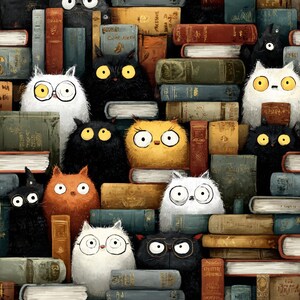 May include: A whimsical illustration features a collection of cartoon cats with large eyes and various fur colors, including black, white, orange, and yellow. The cats are interspersed among stacks of old books, creating a playful and literary theme.