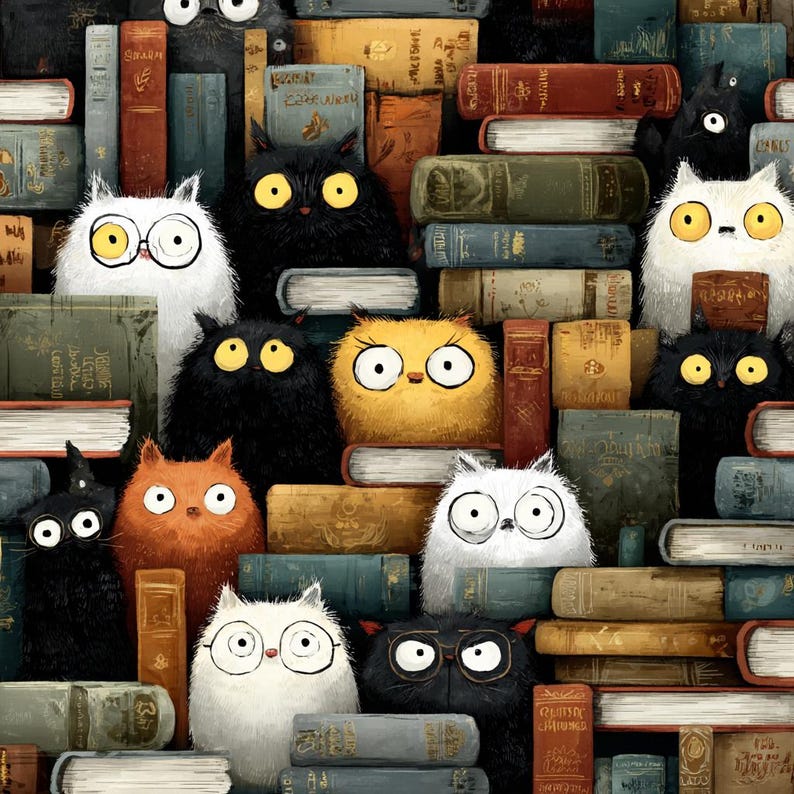 May include: A whimsical illustration features a collection of cartoon cats with large eyes and various fur colors, including black, white, orange, and yellow. The cats are interspersed among stacks of old books, creating a playful and literary theme.