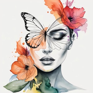 14 Clipart di volto di donna con farfalla floreale – Acquerello astratto colorato, arte di linea delicata, arte stampabile minimalista per la carta