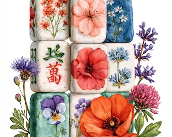 Puede incluir: Una colección de nueve fichas de mahjong rectangulares dispuestas en cuadrícula, decoradas con ilustraciones estilo acuarela de varias flores, incluyendo amapolas, pensamientos y flores de cerezo, junto a una ficha con caracteres chinos rojos y verdes.