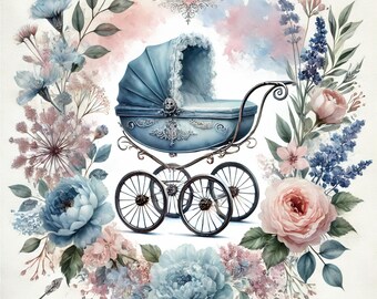 Watercolor Baby Carriage Prints: Vintage Pram Nursery Art (Digital Download)