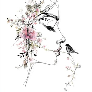 May include: A monochrome line drawing of a woman's profile, embellished with floral details and a small bird. The artwork incorporates pink flowers and delicate foliage, forming a whimsical and artistic composition.