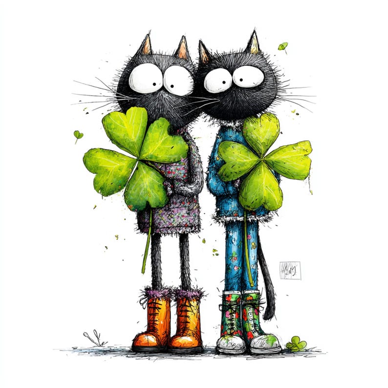 May include: Whimsical illustration of two black cats holding large green four-leaf clovers. The cats wear colorful outfits and boots, with one in orange boots and the other in floral-patterned boots. A charming and festive design.