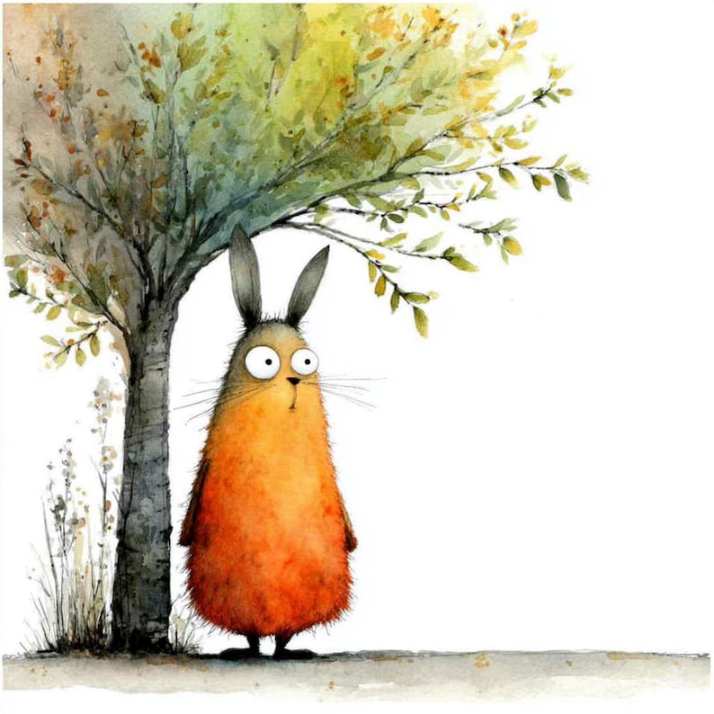 May include: A watercolour illustration of a cartoon rabbit with large eyes and long ears, standing under a tree with yellow and green leaves. The rabbit has an orange body and grey head.