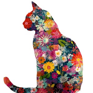 May include: A colorful cat silhouette filled with a variety of flowers in shades of red, pink, yellow, and blue. The cat is sitting with its tail curled, and the flowers create a vibrant, artistic design on a white background.