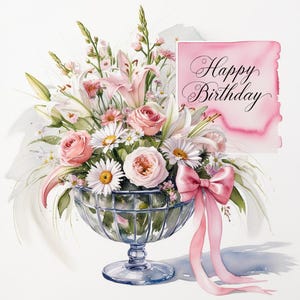 10 clipart elegantes de aquarela floral para aniversário - design digital de buquê de flores rosa e branco, arte para impressão de cartão de feliz aniversário