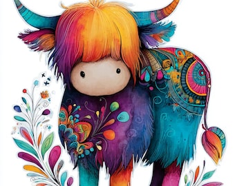 Whimsical Highland Cow Clipart – Folk Art Boho Animal Illustrations (Digital Download)