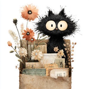May include: A whimsical illustration of a black cat with large yellow eyes peeking out of a brown paper container filled with flowers and vintage ephemera. The flowers are in shades of orange, cream, and yellow.