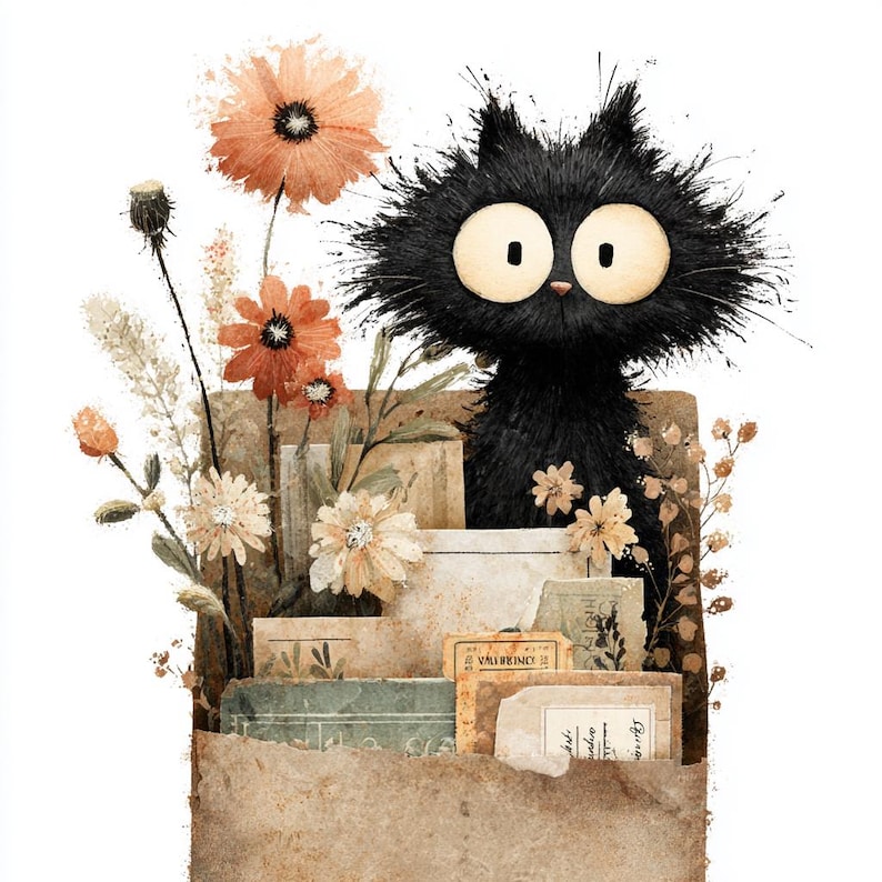 May include: A whimsical illustration of a black cat with large yellow eyes peeking out of a brown paper container filled with flowers and vintage ephemera. The flowers are in shades of orange, cream, and yellow.