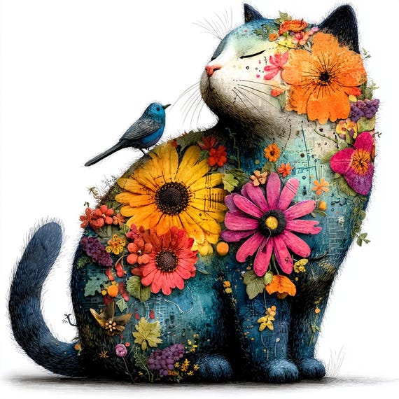 30 Folk Art Floral Cat Clipart : Quirky Whimsical Art for Junk Journaling Digital Card