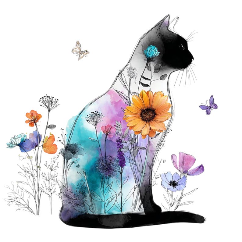 May include: A watercolor illustration of a black cat silhouette filled with colorful flowers and foliage. The cat is sitting, with a black head and tail. The flowers include orange, purple, and blue blooms, with butterflies fluttering around.
