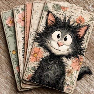 May include: A stack of vintage-style cards featuring a cartoon cat illustration. The cat is black and white with large eyes and a pink nose. The cards have floral and handwritten text designs in pastel colors.