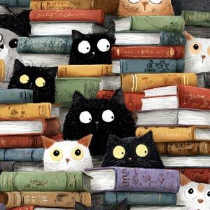 May include: A whimsical illustration featuring a stack of colorful books with various cat faces peeking out from behind them. The cats have big eyes and different fur colors, creating a playful and charming design.