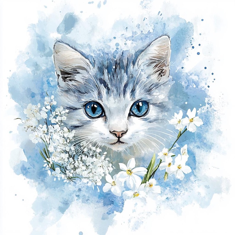 Peut inclure: Illustration à l'aquarelle d'un chaton aux yeux bleus et au pelage gris et blanc. Le chat est entouré de fleurs blanches et d'un fond bleu à l'aquarelle. L'image a une qualité douce et rêveuse.