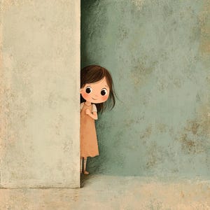 Könnte beinhalten: Illustration eines jungen Mädchens mit braunen Haaren und großen Augen, das hinter einer Wand hervorlugt. Sie trägt ein pfirsichfarbenes Kleid und lächelt. Der Hintergrund ist in gedämpftem Türkis gehalten.